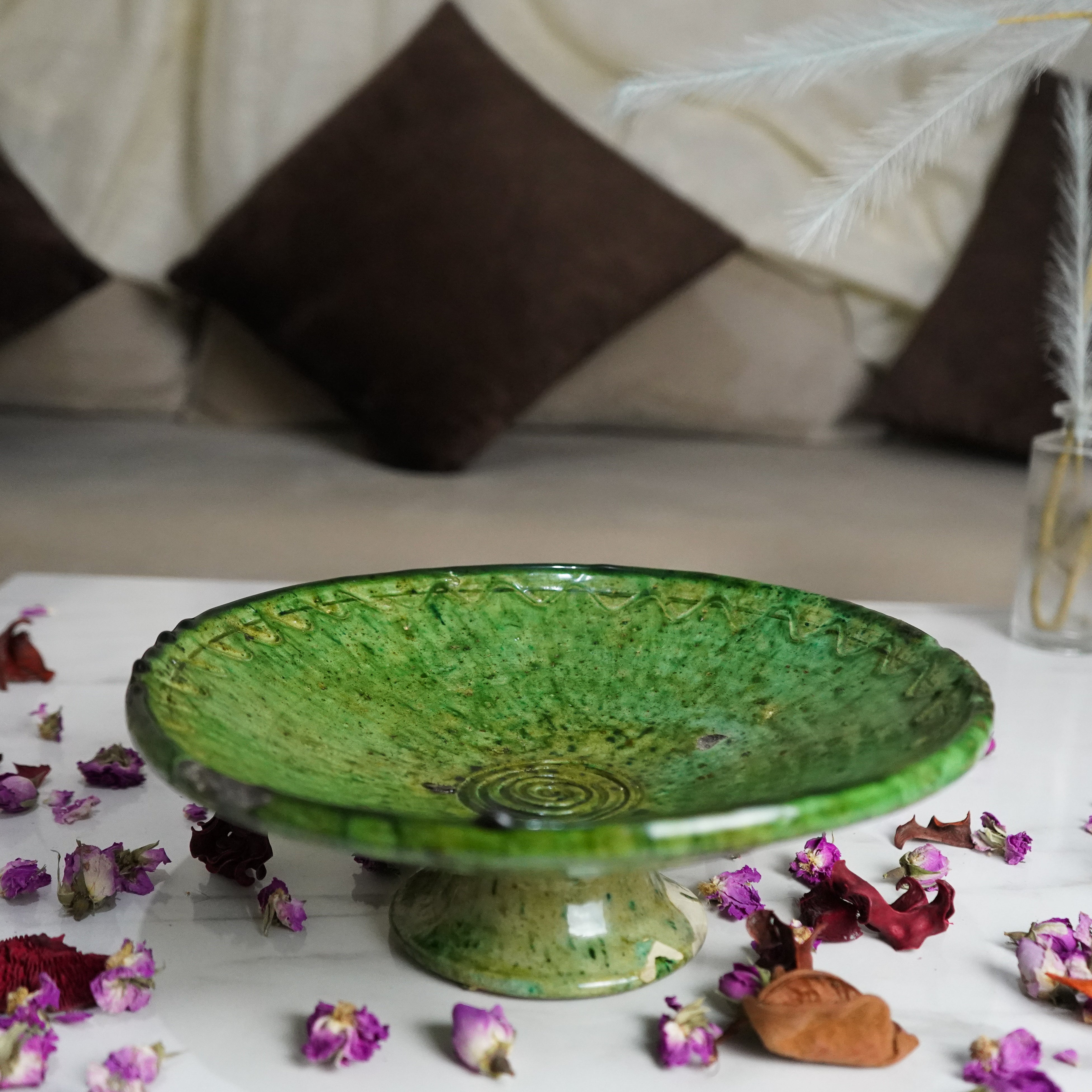 Coupe à fruits sur pied en poterie Marocaine Tamegroute