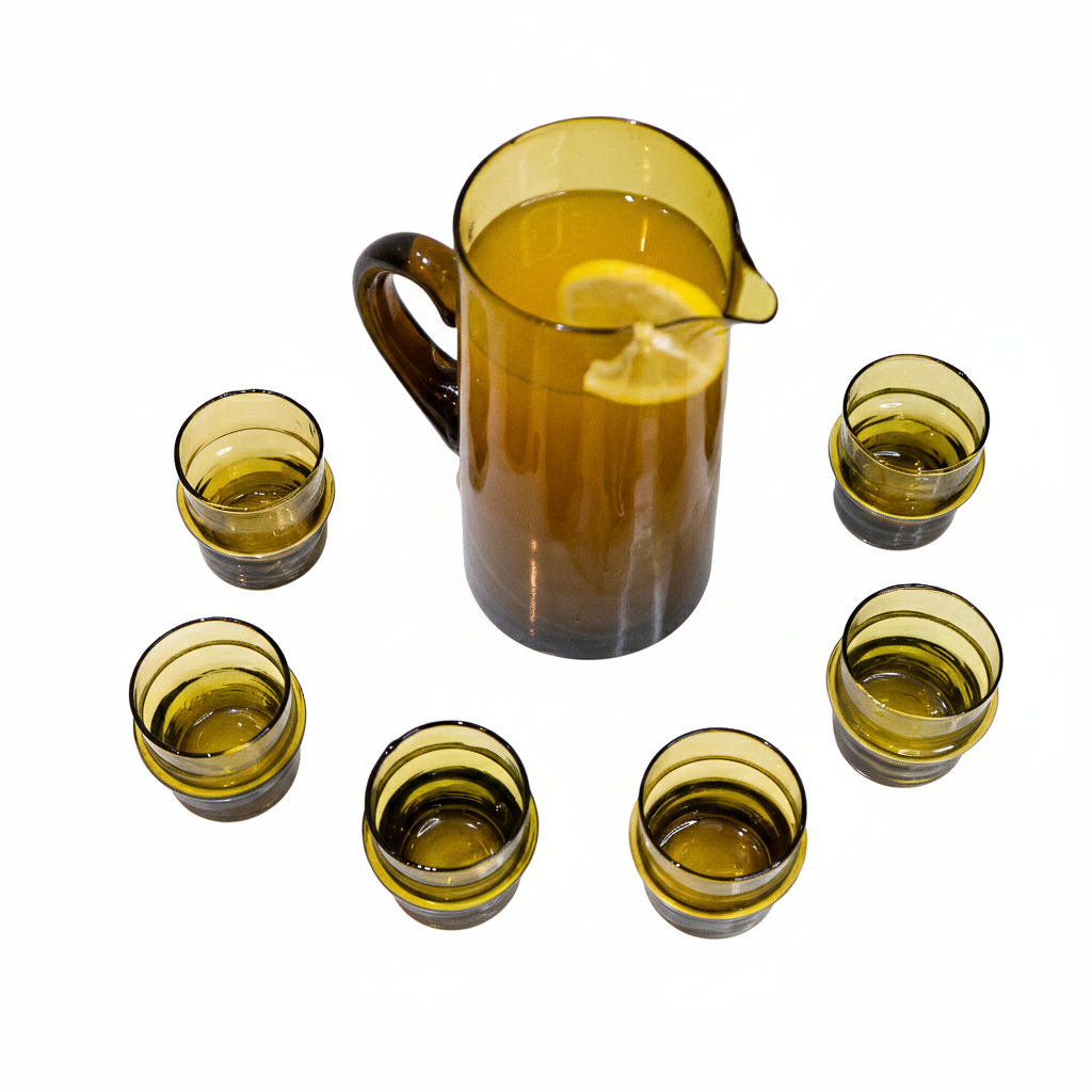 Set de 6 Verres Beldi Marocains avec Carafe – Fait Main, Verrerie Écologique SaharaCraft