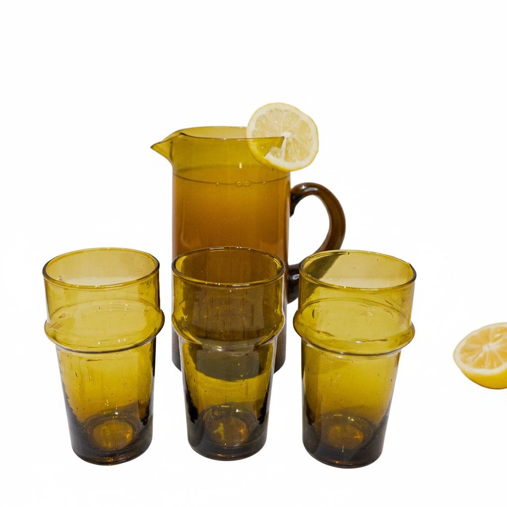 Set de 6 Verres Beldi Marocains avec Carafe – Fait Main, Verrerie Écologique SaharaCraft