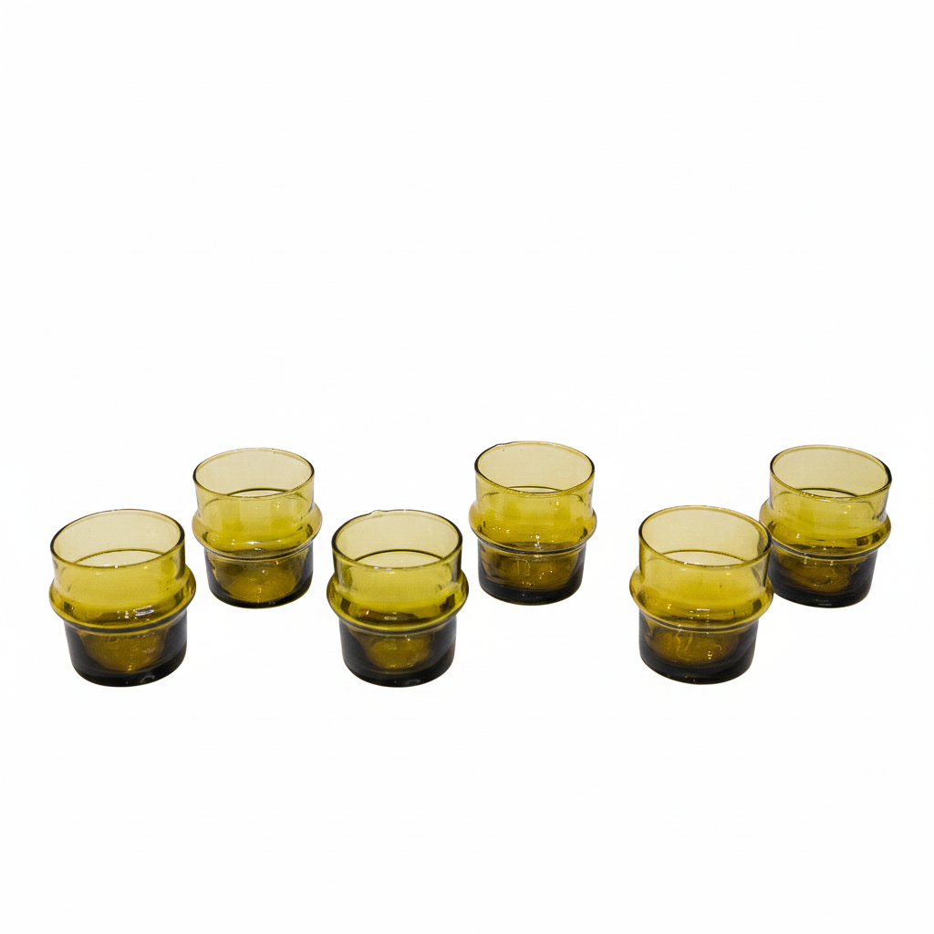 Set de 6 Verres Beldi Marocains avec Carafe – Fait Main, Verrerie Écologique SaharaCraft