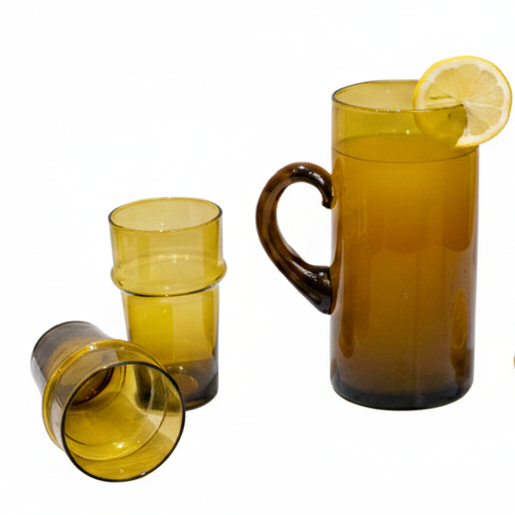 Set de 6 Verres Beldi Marocains avec Carafe – Fait Main, Verrerie Écologique SaharaCraft