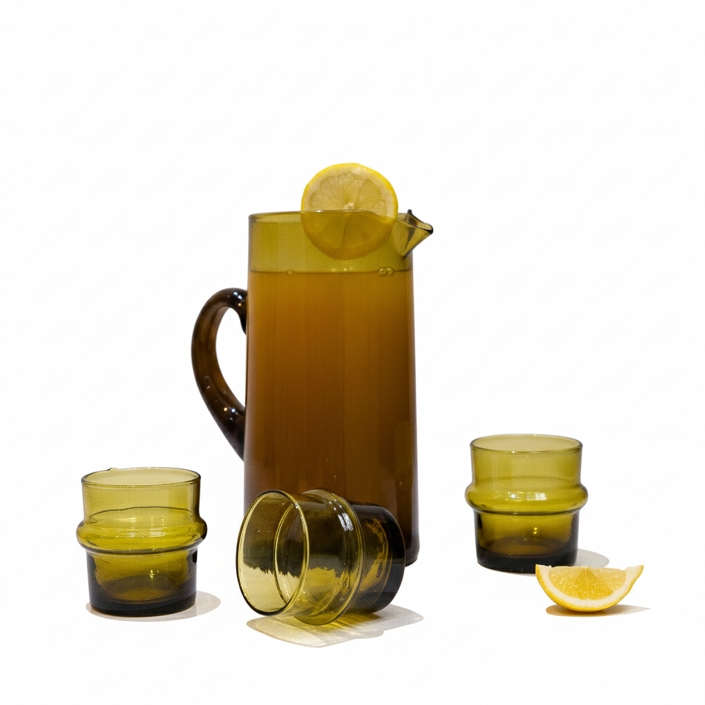 Set de 6 Verres Beldi Marocains avec Carafe – Fait Main, Verrerie Écologique SaharaCraft