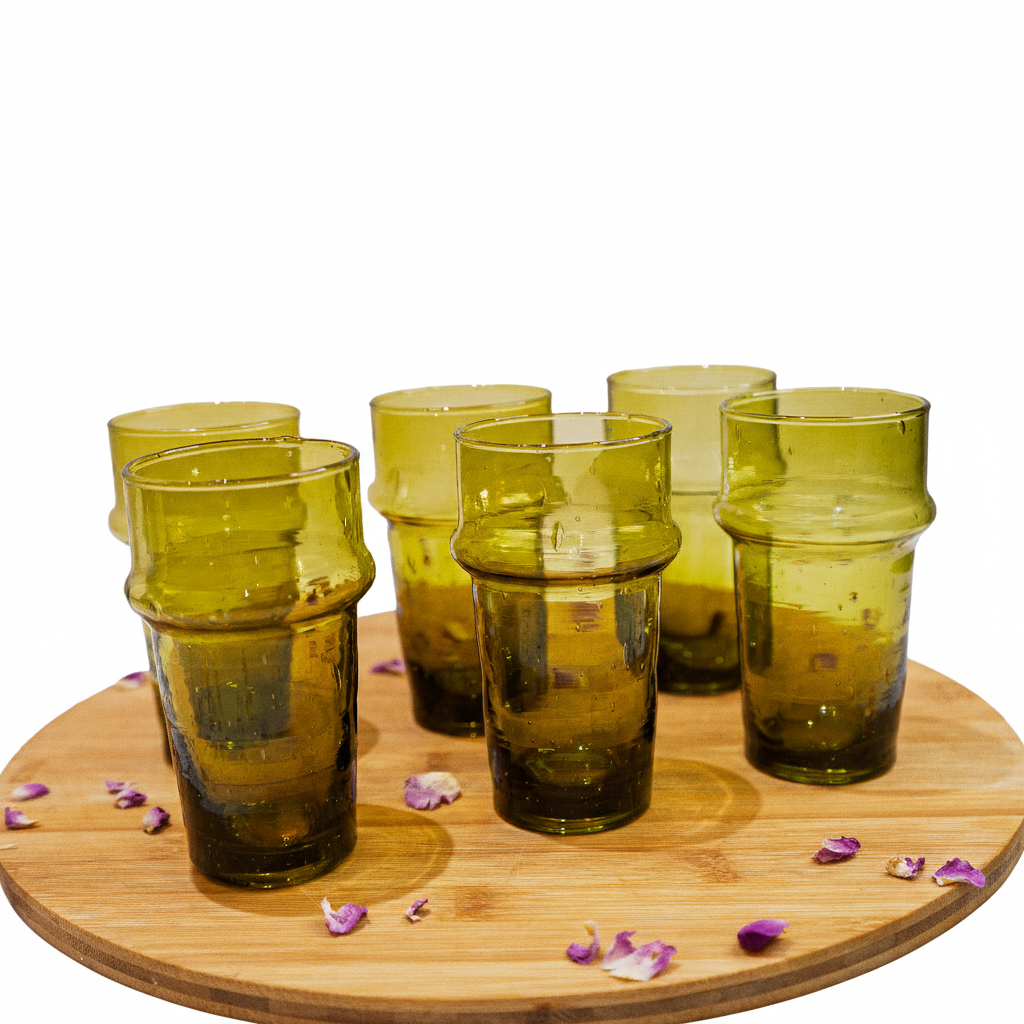 Set de 6 Verres Beldi Marocains avec Carafe – Fait Main, Verrerie Écologique SaharaCraft